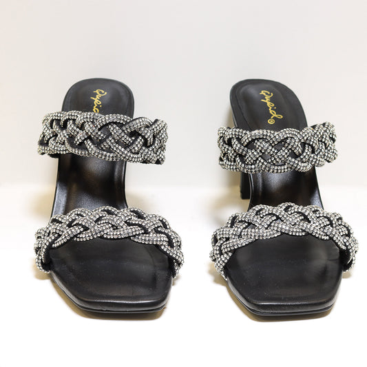 Qupid Kaylee109 Braided Rhinestone Heels - Black/Silver