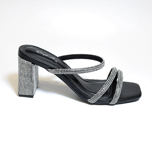 Qupid Kerstin-52 Black/Clr Rhinestone Sandal Heels