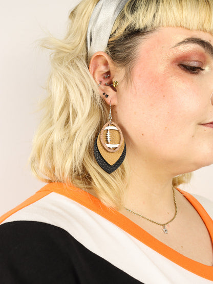 Layered Wood & Leather Football Earrings
