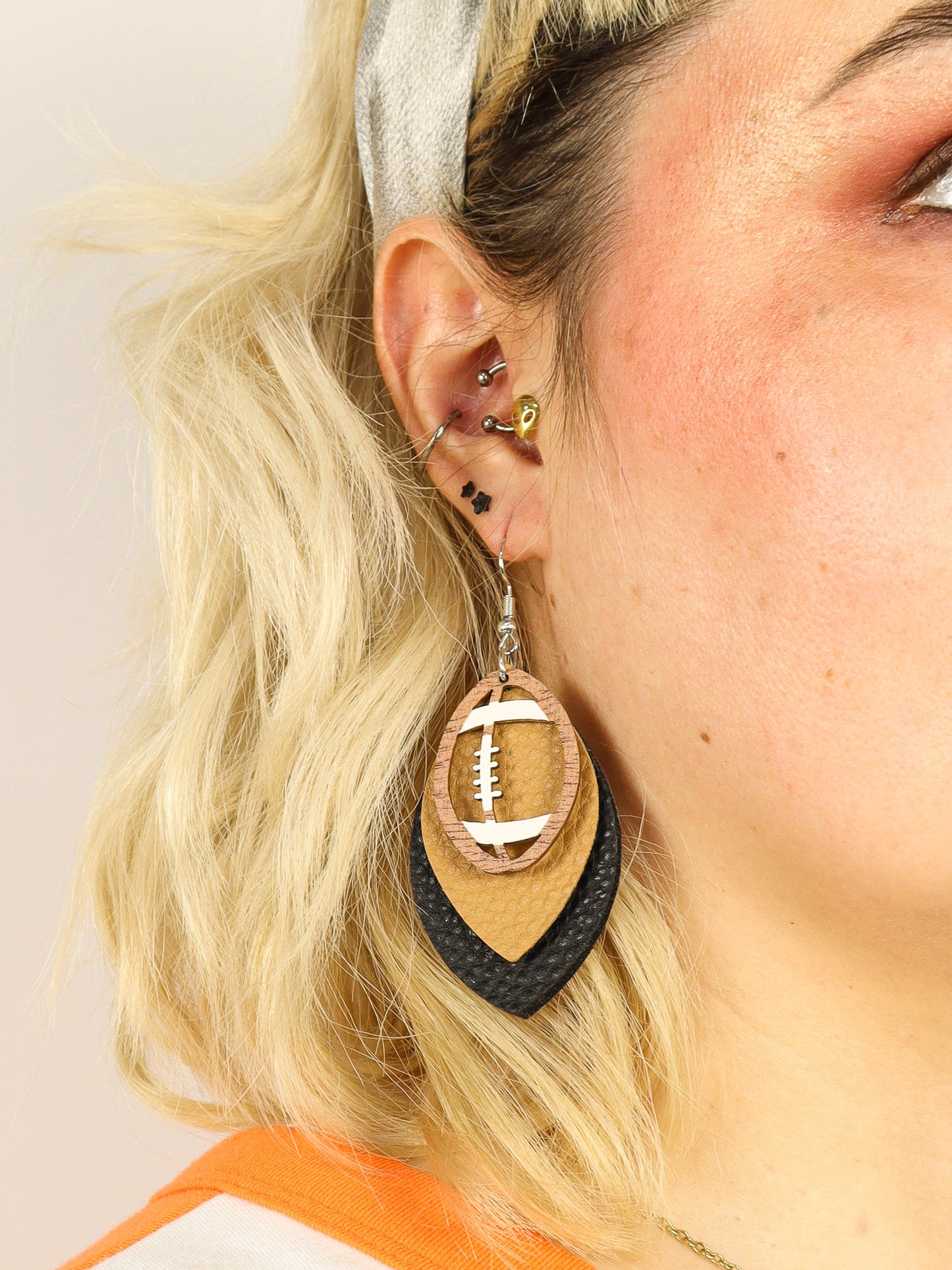 Layered Wood & Leather Football Earrings