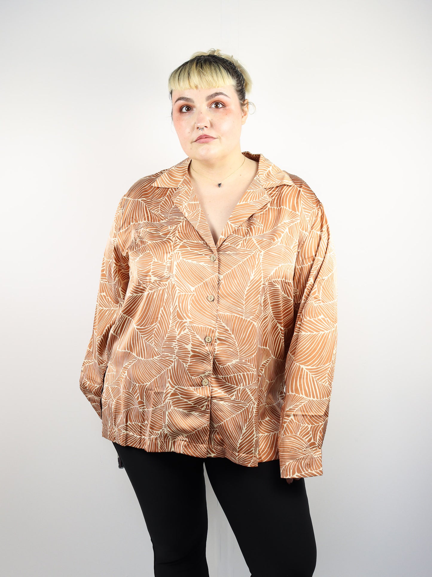 Satin Botanical Print Button Up