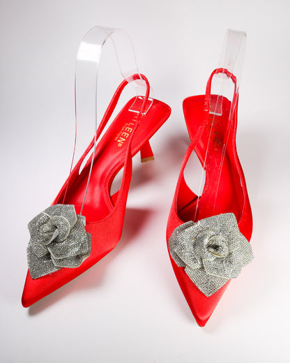 Suka-1 Slingback Kitten Pumps with Rhinestone Bow