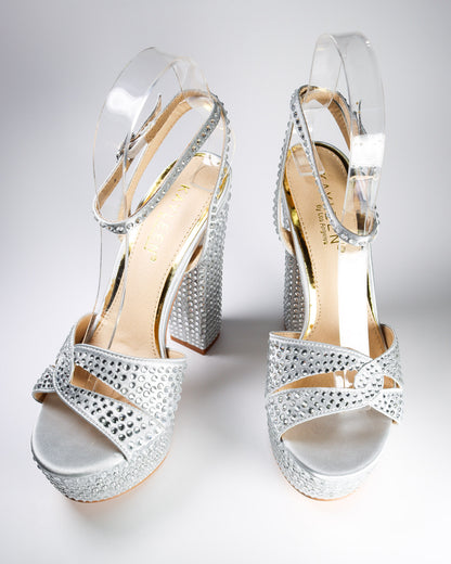 Cacciee-13 Rhinestone Studded Platform Heels