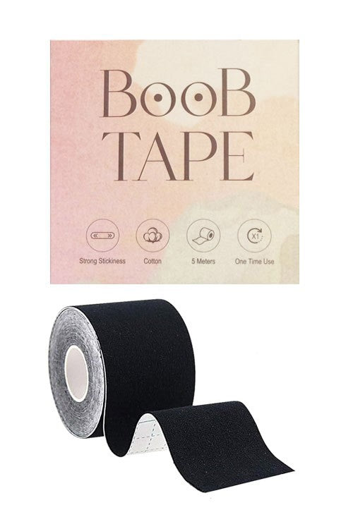 Black adhesive breast tape shown as a rolled roll with one strip unrolled, below a product label card that reads 'Boob Tape' with feature icons.