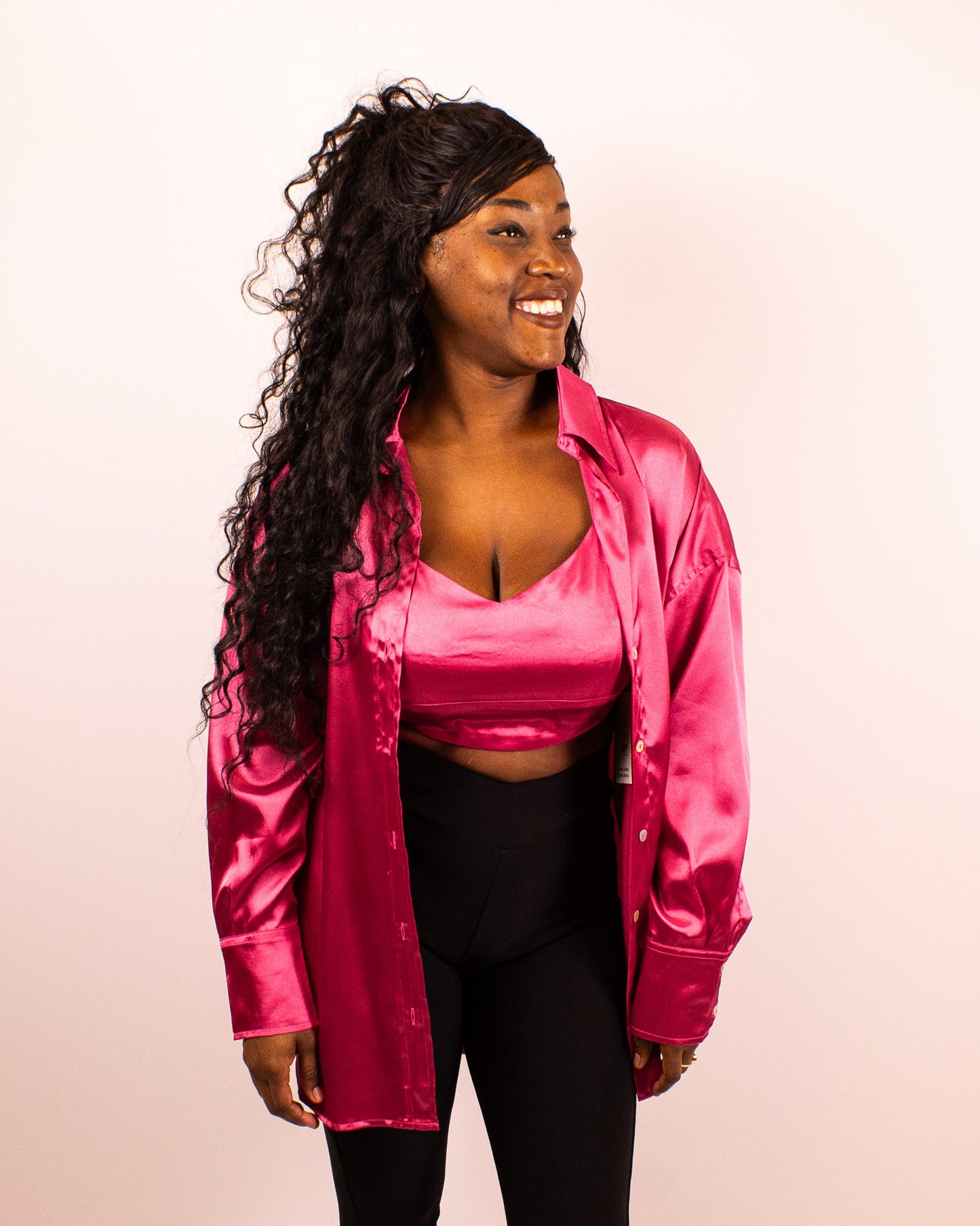 Plus Pink Satin Button Up