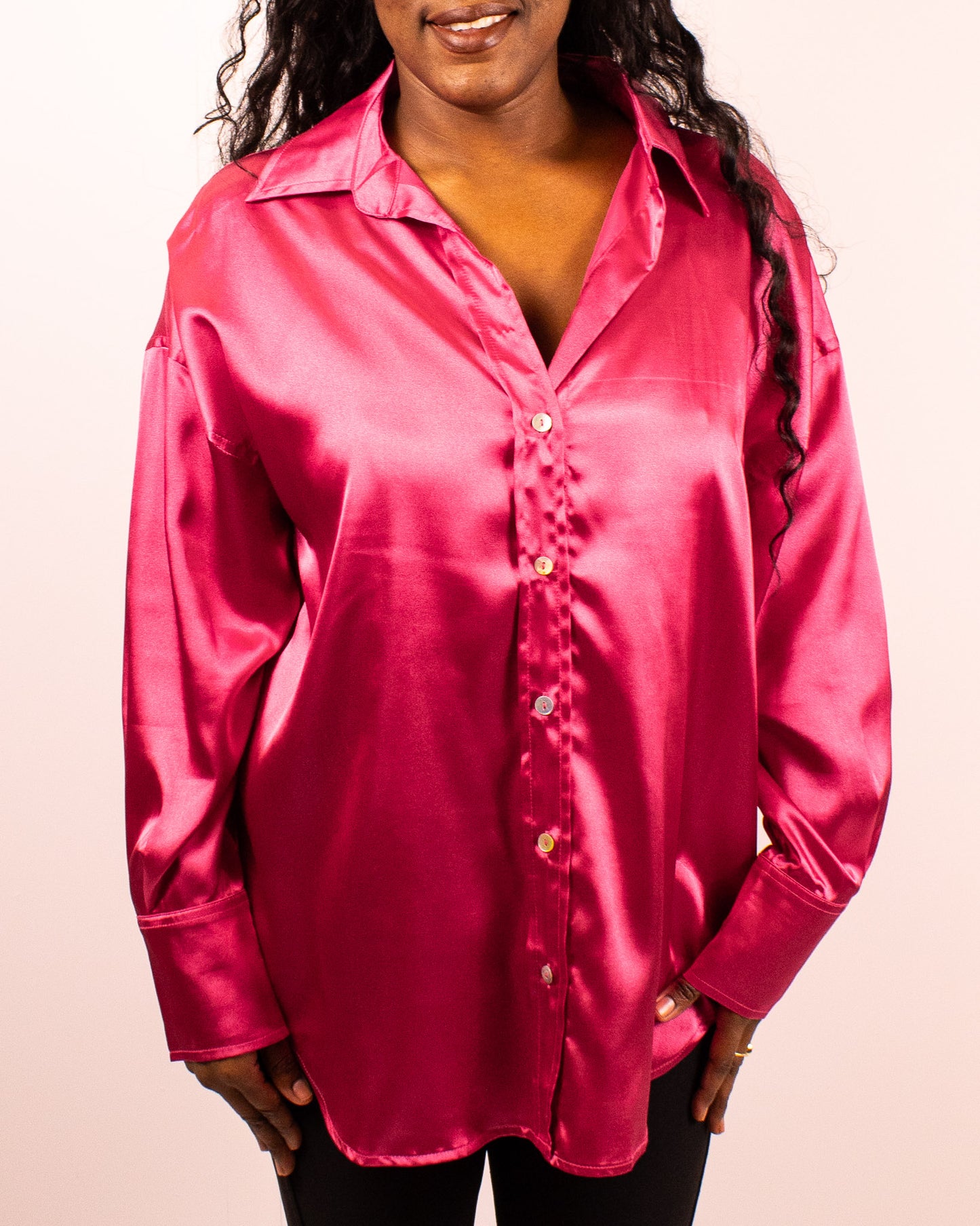 Plus Pink Satin Button Up