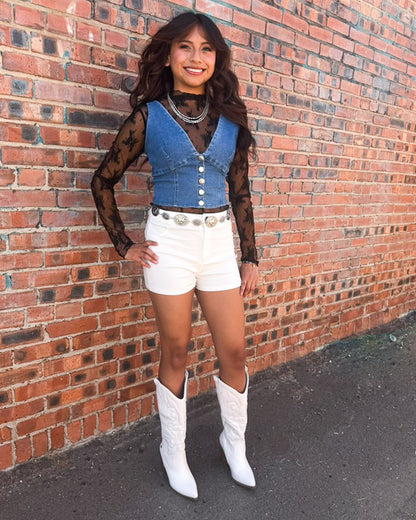 V Neck Denim Crop Top