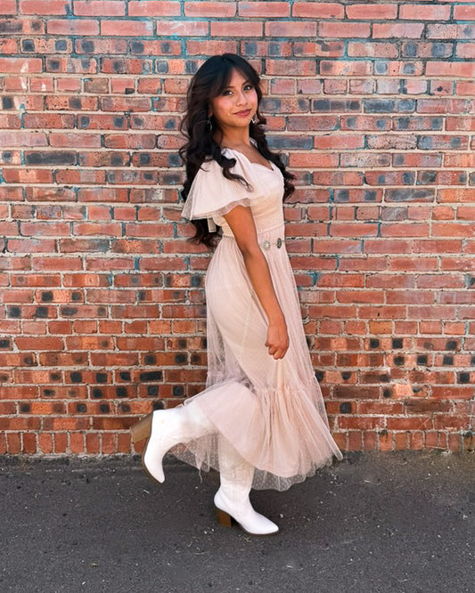 Ruffled Mesh Midi Dress
