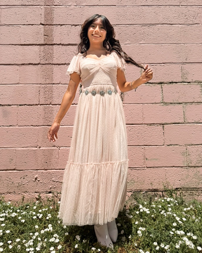 Ruffled Mesh Midi Dress