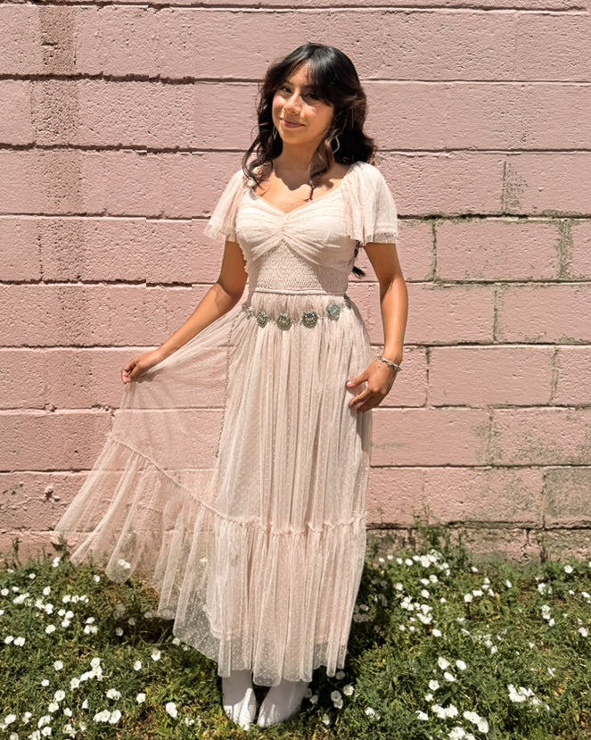 Ruffled Mesh Midi Dress