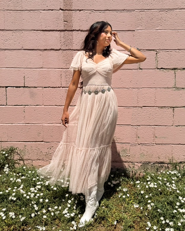 Ruffled Mesh Midi Dress
