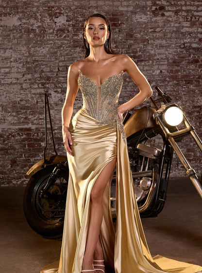 LA CD722+ Strapless Sweetheart Beaded Corset Gown