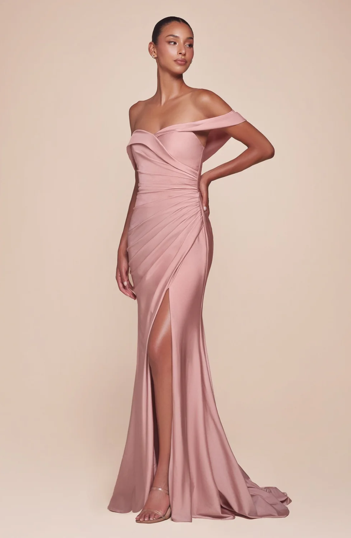 LA CD790+ Sweetheart Off the Shoulder Satin Gown