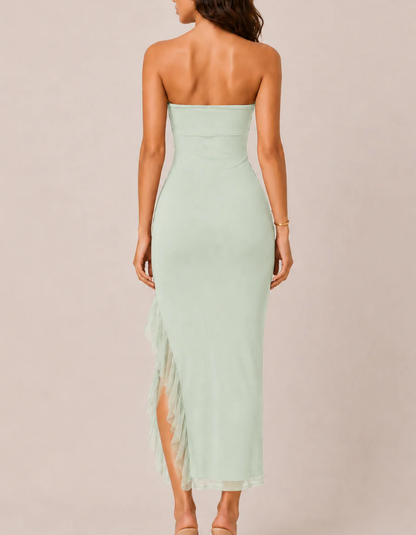 Strapless Midi Ruffle Slit Dress