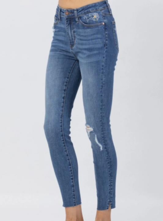 Judy Blue High Waist Skinny Jeans - Dandelion Embroidery