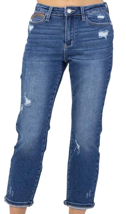 Judy Blue High Waist Skinny Jeans - Rainbow Embroidery