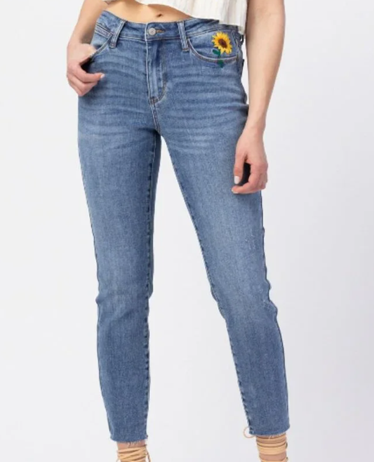 Judy Blue High Waist Skinny Jeans - Sunflower Embroidery
